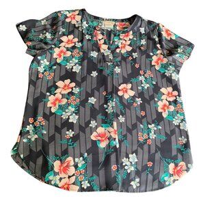 Van Heusen Womens Floral Short Sleeve Blouse Navy/Multicolor Size Large